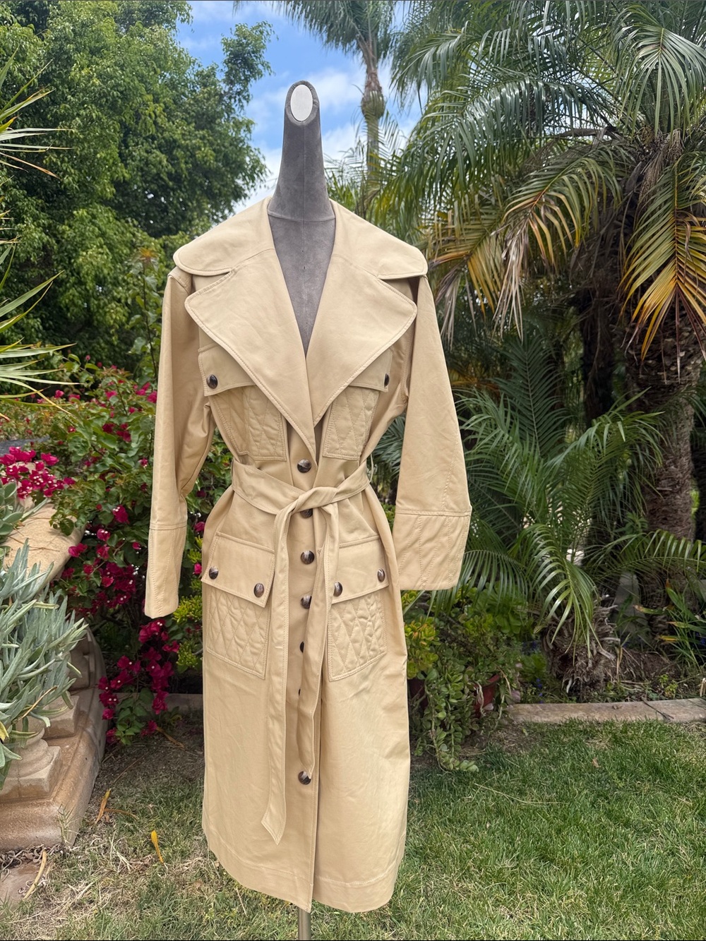 FARM Rio Beige Quilted-Panel Trench Coat with Tie Belt